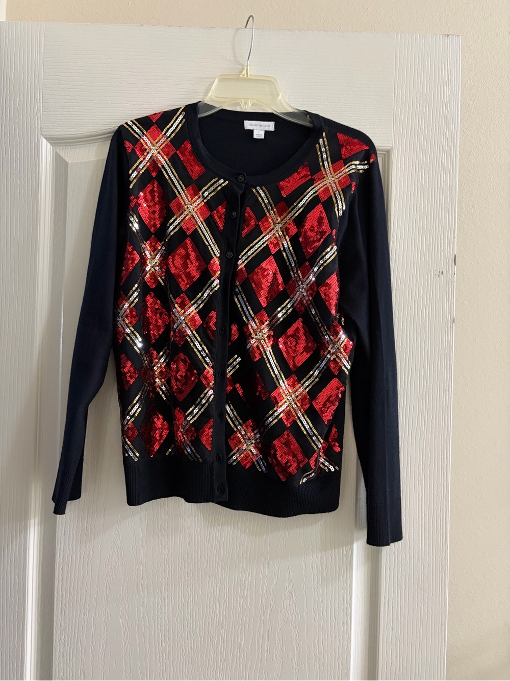 Charter Club Sequin Plaid Holiday Cardigan Sweater Size Large